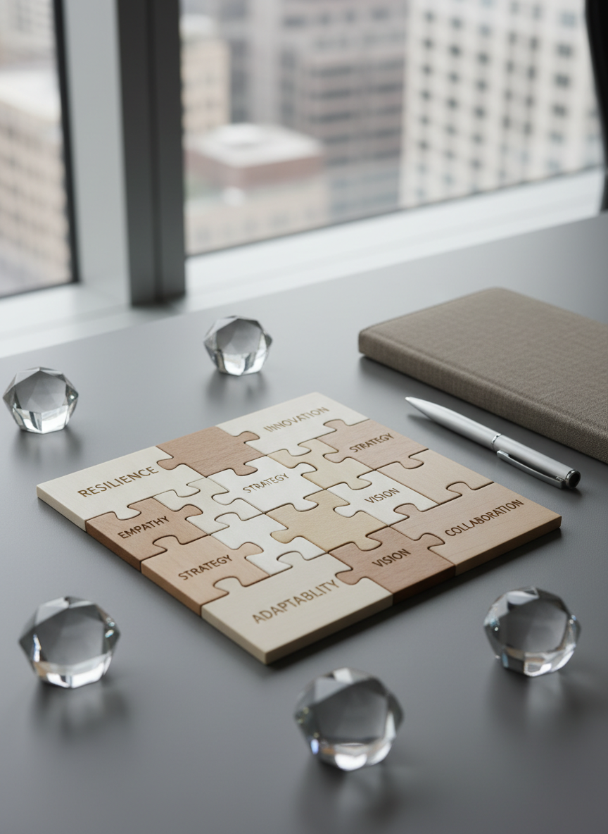 A carefully arranged tabletop composition of elegant, neutral-toned wooden puzzle pieces, each piece engraved with a distinct strength word in minimalist sans-serif font. The pieces interlock neatly on a flawless grey matte desk, surrounded by structured glass paperweights and a closed, linen-textured corporate notebook. Balanced daylight from a large office window gently diffuses across the scene, accentuating the clean lines and subtle textures. The mood is calm, professional, and focused, with a photographic realism that emphasizes clarity and order. Captured at an eye-level, slightly diagonal composition, the image highlights the value of unique strengths coming together for a unified purpose, perfectly reflecting the site’s teambuilding theme.