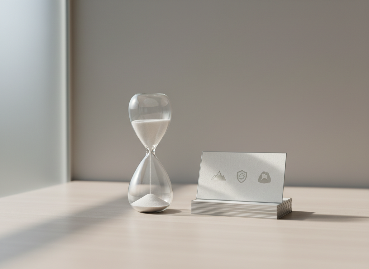 A minimalistic workspace vignette featuring a sleek glass hourglass, filled with softly tumbling white sand, positioned beside an orderly stack of silver-edge business cards embossed with subtle strength-based icons. The desk is light ash wood, cleanly organized, and set before a pale taupe wall panel. Gentle midday light filters through a frosted glass partition, casting delicate, elongated shadows and subtle highlights that emphasize clarity and focus. Captured from a precise, front-facing angle with shallow depth of field, the scene is calm and reflective, underscoring the idea of investing time in team development with a refined, photographic corporate aesthetic.