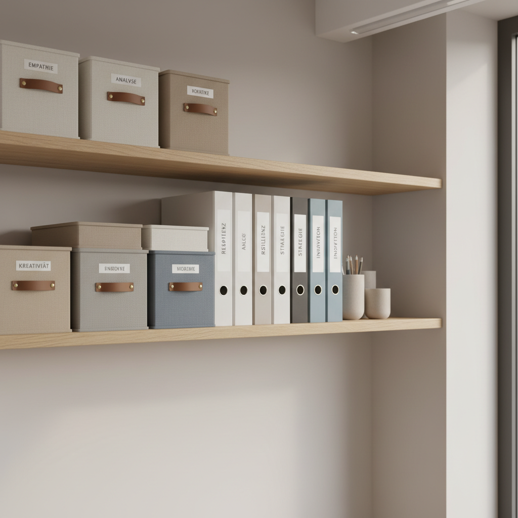 An organized office shelf displaying a meticulously curated selection of neutral-toned binders and textured storage boxes, each labeled with a single inspiring word related to strengths, such as 'Empathie' or 'Analyse'. The shelf sits against a smooth, light-beige wall in a contemporary workspace, with soft overhead lighting and faint natural light seeping from the side, creating subtle highlights and gentle shadow play. The composition is balanced and slightly off-center, evoking a sense of structured professionalism and themed intent. The mood is steady and contemplative, ideal for conveying the methodical discovery of strengths within a business context, captured with a clean, photographic aesthetic.