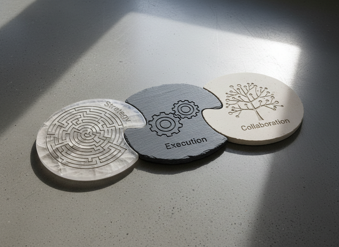 A close-up photographic depiction of three interlocking stone tiles—polished quartz, matte slate, and smooth limestone—each engraved with abstract, geometric symbols representing different team strengths. The tiles rest on a pristine, brushed concrete surface, their shadows clean and defined under soft, indirect ceiling lighting. The composition utilizes rule of thirds for dynamic balance, with sharp details and crisp contrast creating a corporate, modern feel. The mood is purposeful and intentional, reflecting the complementary nature of diverse team attributes, in line with the site’s ethos of unity through difference.